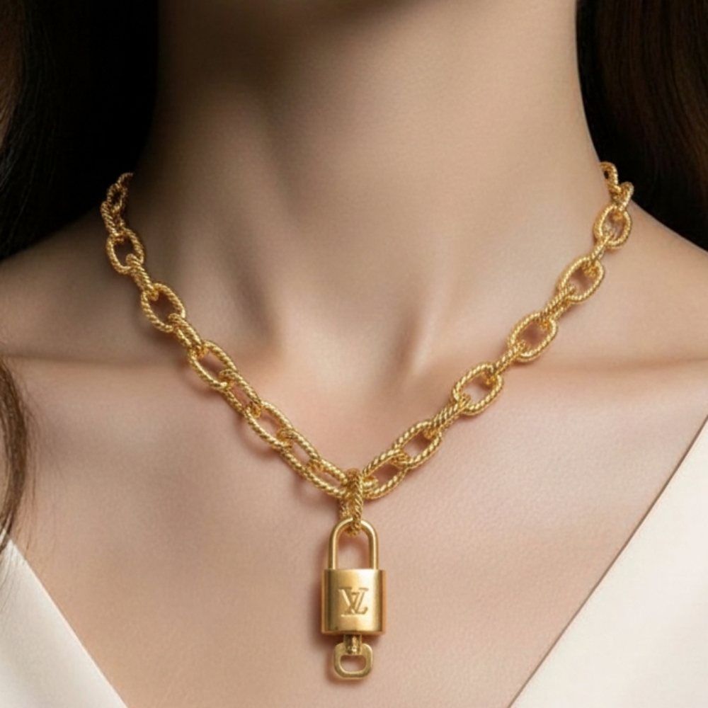 Authentic Louis Vuitton Lock & Key with Fashion Gold Plated Chain Necklace